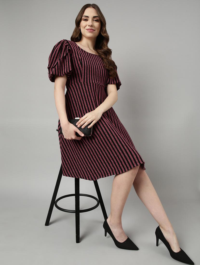 women striped puff sleeves fit & flare dress - 20915857 - Standard Image - 5