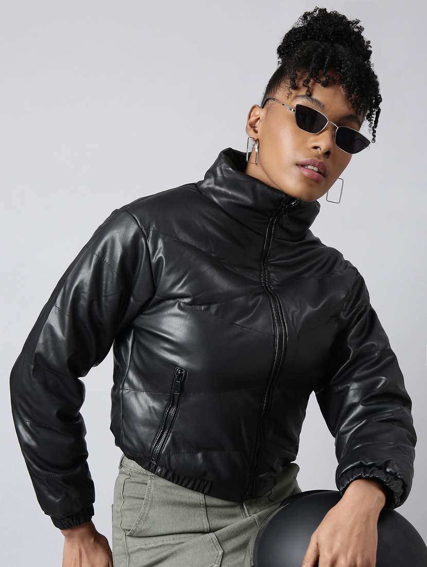 women solid black leather jacket - 20917078 -  Standard Image - 3
