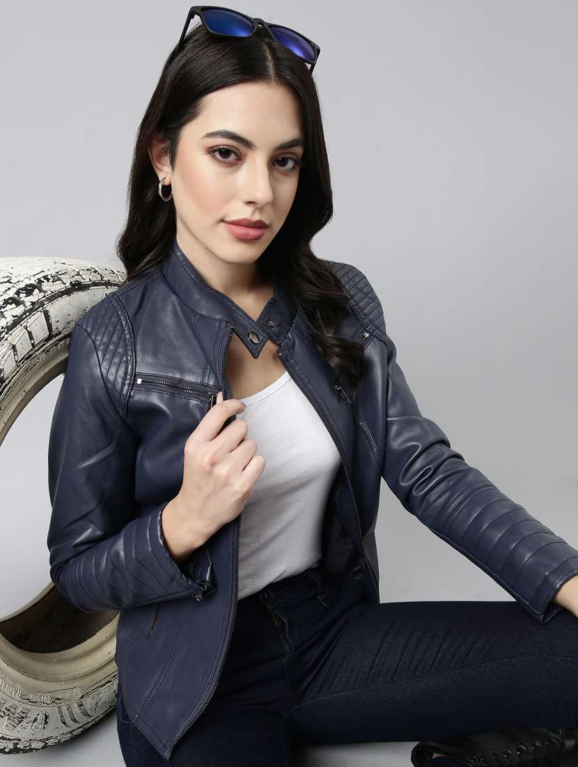 mock neck solid biker jacket - 20917080 -  Standard Image - 3