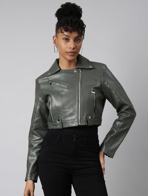 olive leather bomberbiker jacket - 20917083 - Standard Image - 0