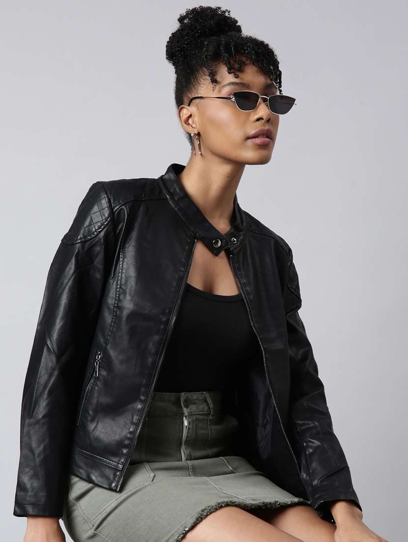 black leather bomberbiker jacket - 20917088 -  Standard Image - 3