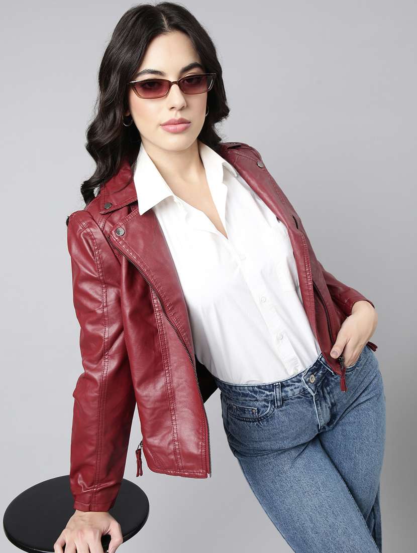maroon leather bomberbiker jacket - 20917093 -  Standard Image - 3