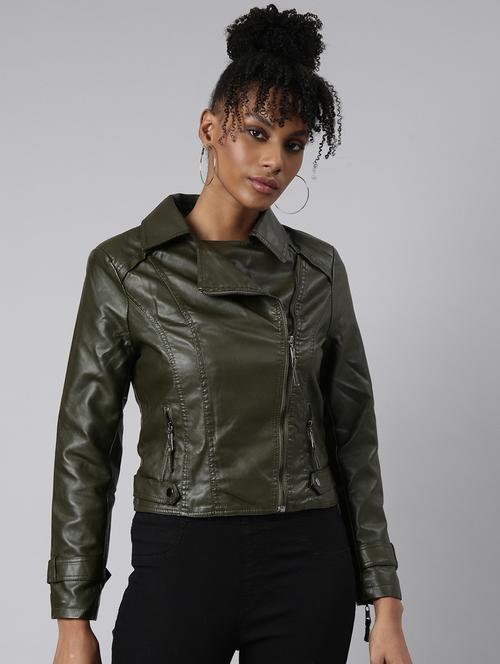 olive leather bomberbiker jacket - 20917095 - Standard Image - 0