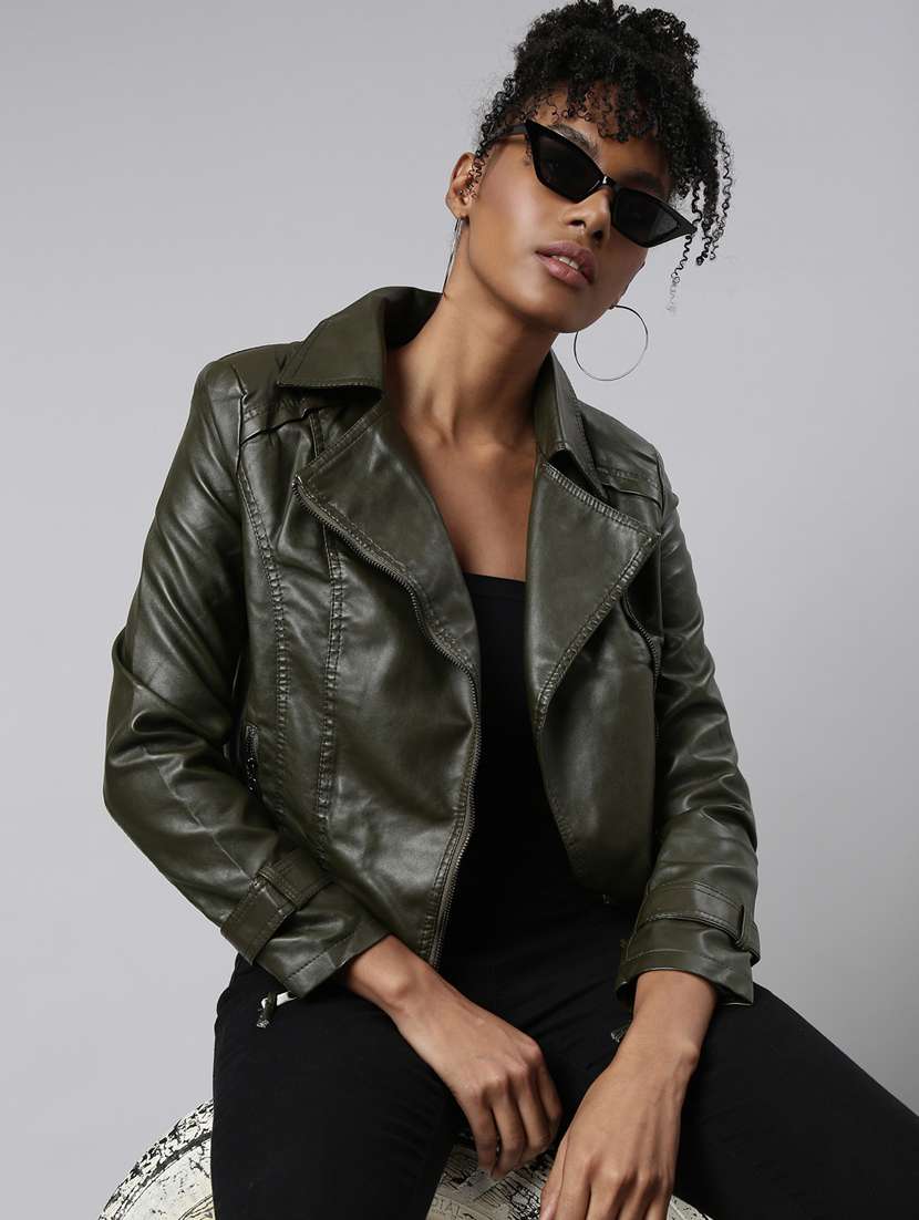 olive leather bomberbiker jacket - 20917095 - Standard Image - 3
