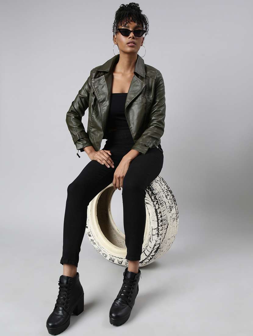 olive leather bomberbiker jacket - 20917095 - Standard Image - 5