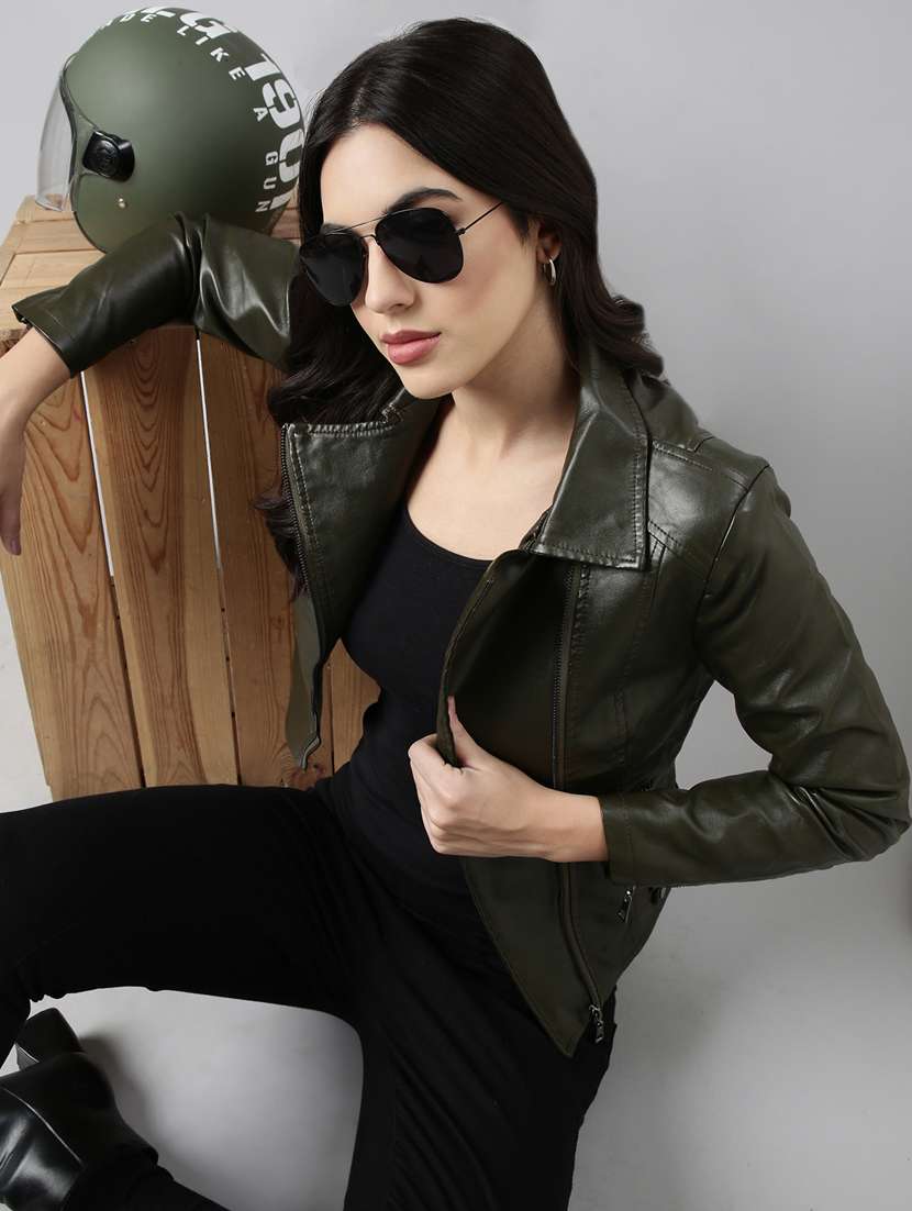 women solid olive green leather jacket - 20917096 -  Standard Image - 3