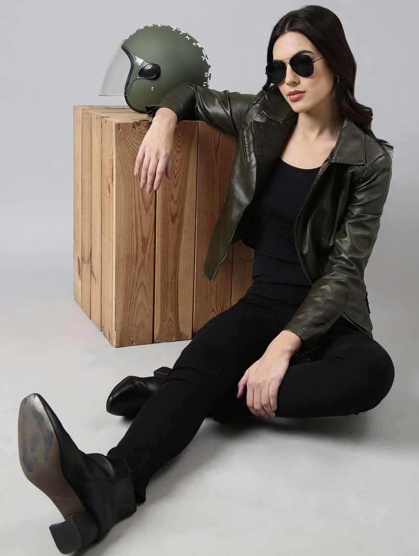 women solid olive green leather jacket - 20917096 -  Standard Image - 5