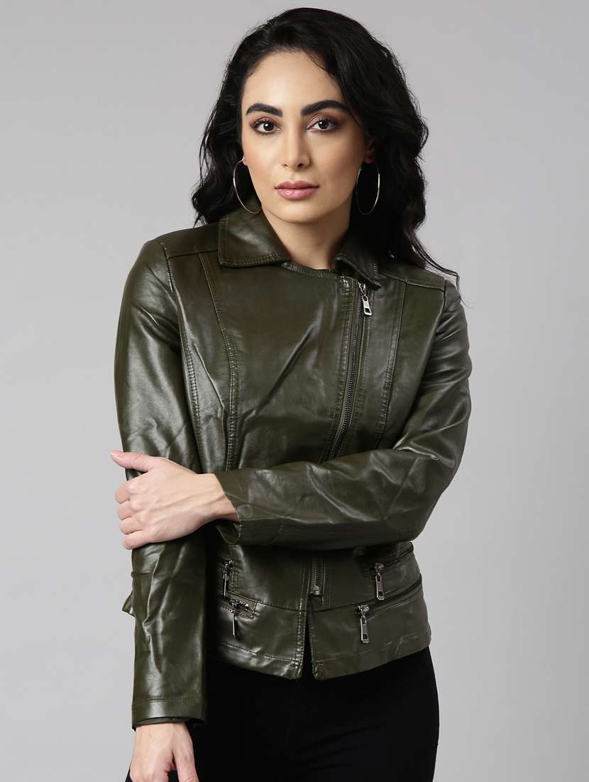 olive leather bomberbiker jacket - 20917103 -  Zoom Image - 0