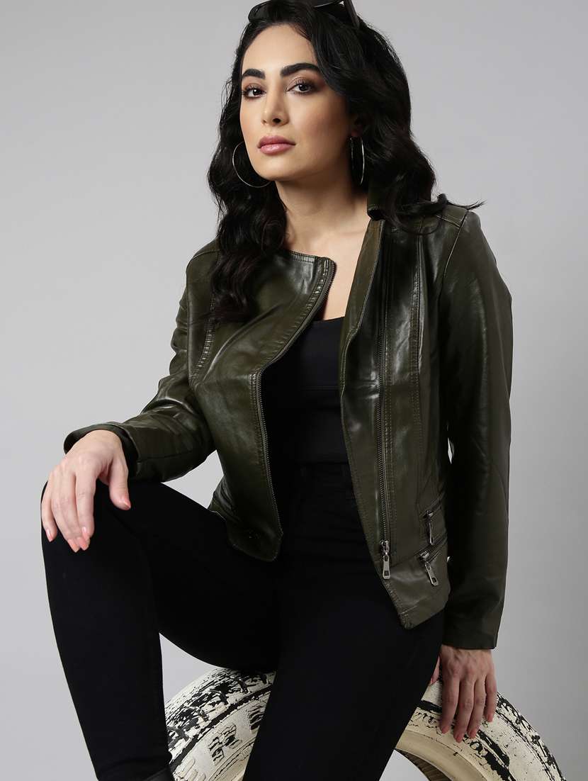 olive leather bomberbiker jacket - 20917103 -  Standard Image - 3