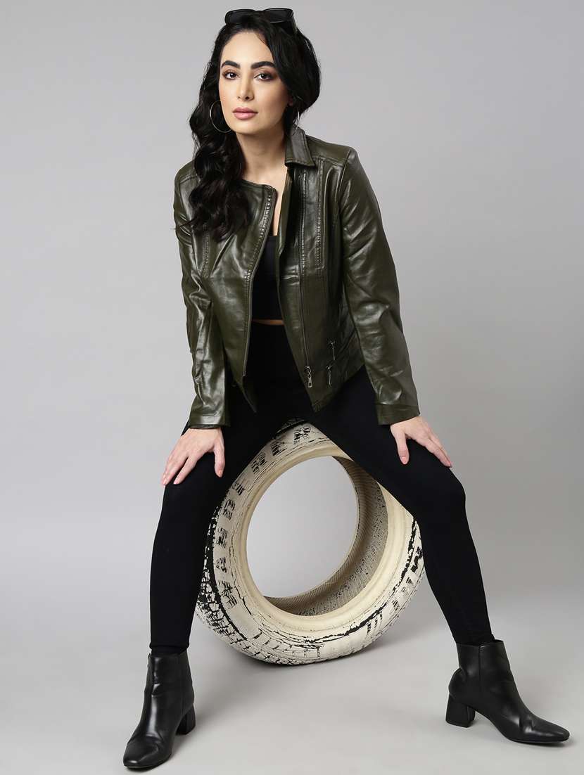 olive leather bomberbiker jacket - 20917103 -  Standard Image - 5