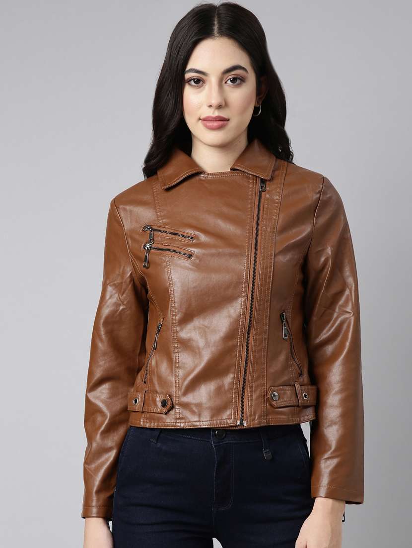 women solid long sleeves leather jacket - 20917108 -  Zoom Image - 0
