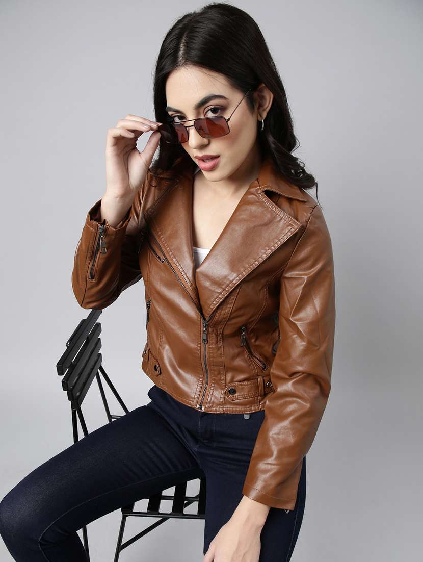 women solid long sleeves leather jacket - 20917108 - Standard Image - 3