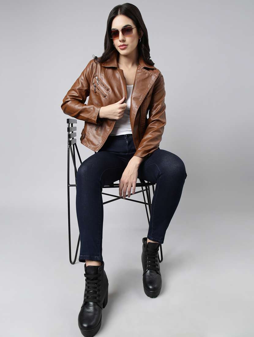 women solid long sleeves leather jacket - 20917108 - Standard Image - 5