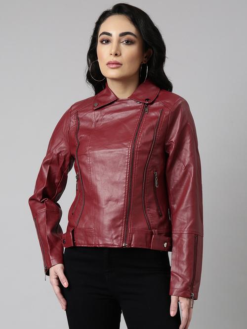 women maroon solid leather jacket - 20917109 -  Standard Image - 0