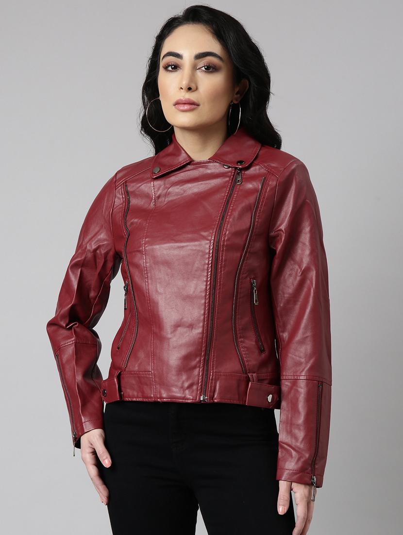 women maroon solid leather jacket - 20917109 -  Zoom Image - 0
