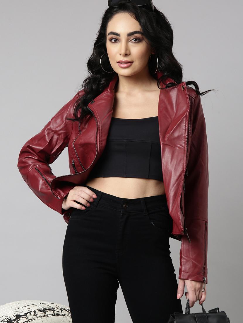 women maroon solid leather jacket - 20917109 - Standard Image - 3