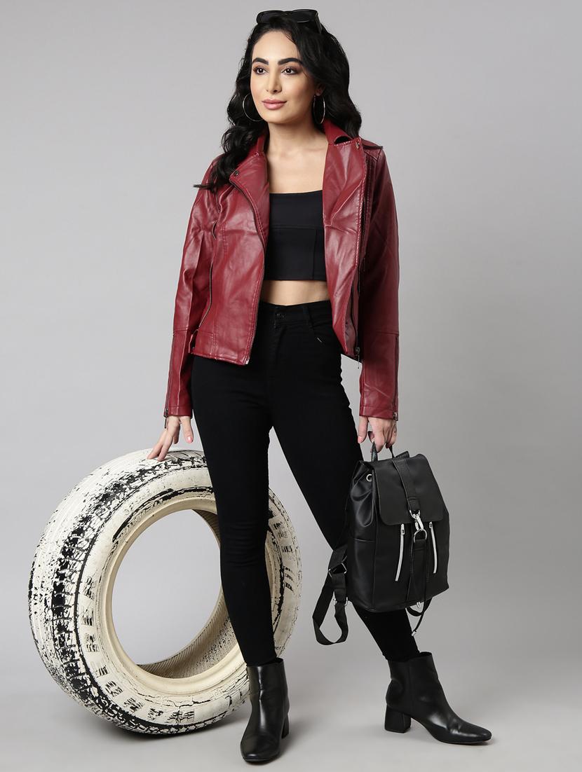 women maroon solid leather jacket - 20917109 - Standard Image - 5