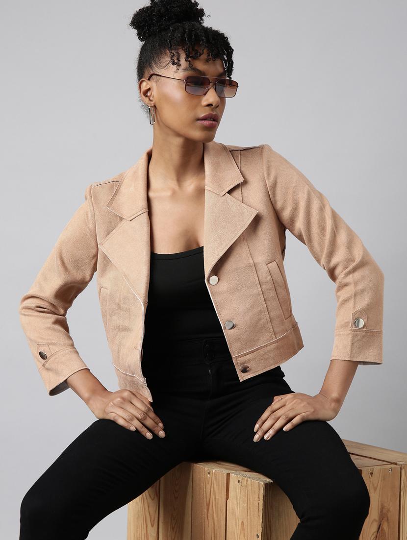 beige suede plain crop jacket - 20917119 - Standard Image - 3