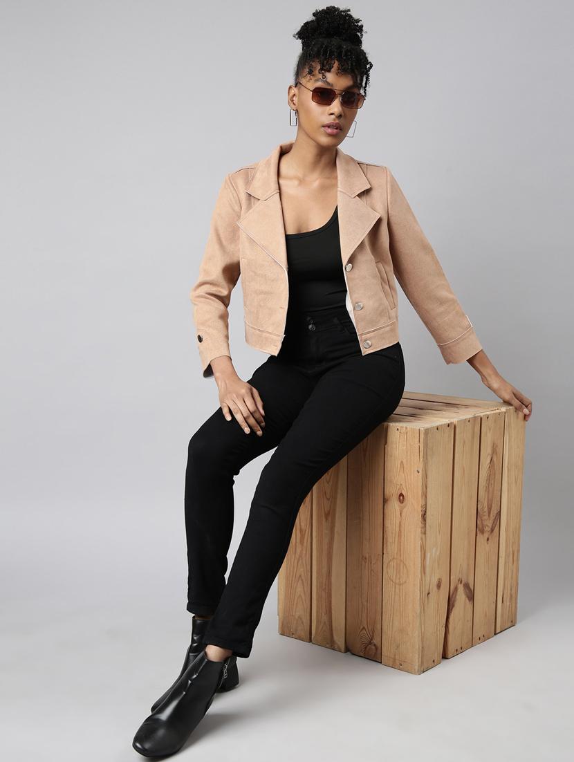 beige suede plain crop jacket - 20917119 - Standard Image - 5