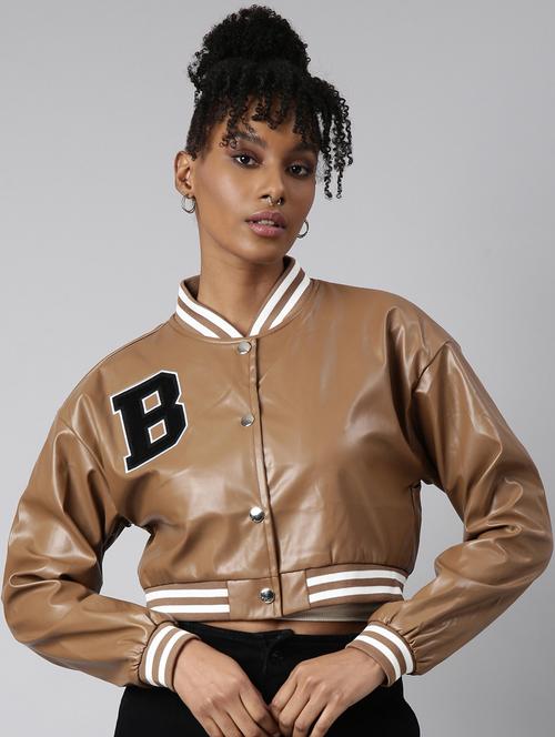 brown leather varsity jacket  - 20917153 -  Standard Image - 0