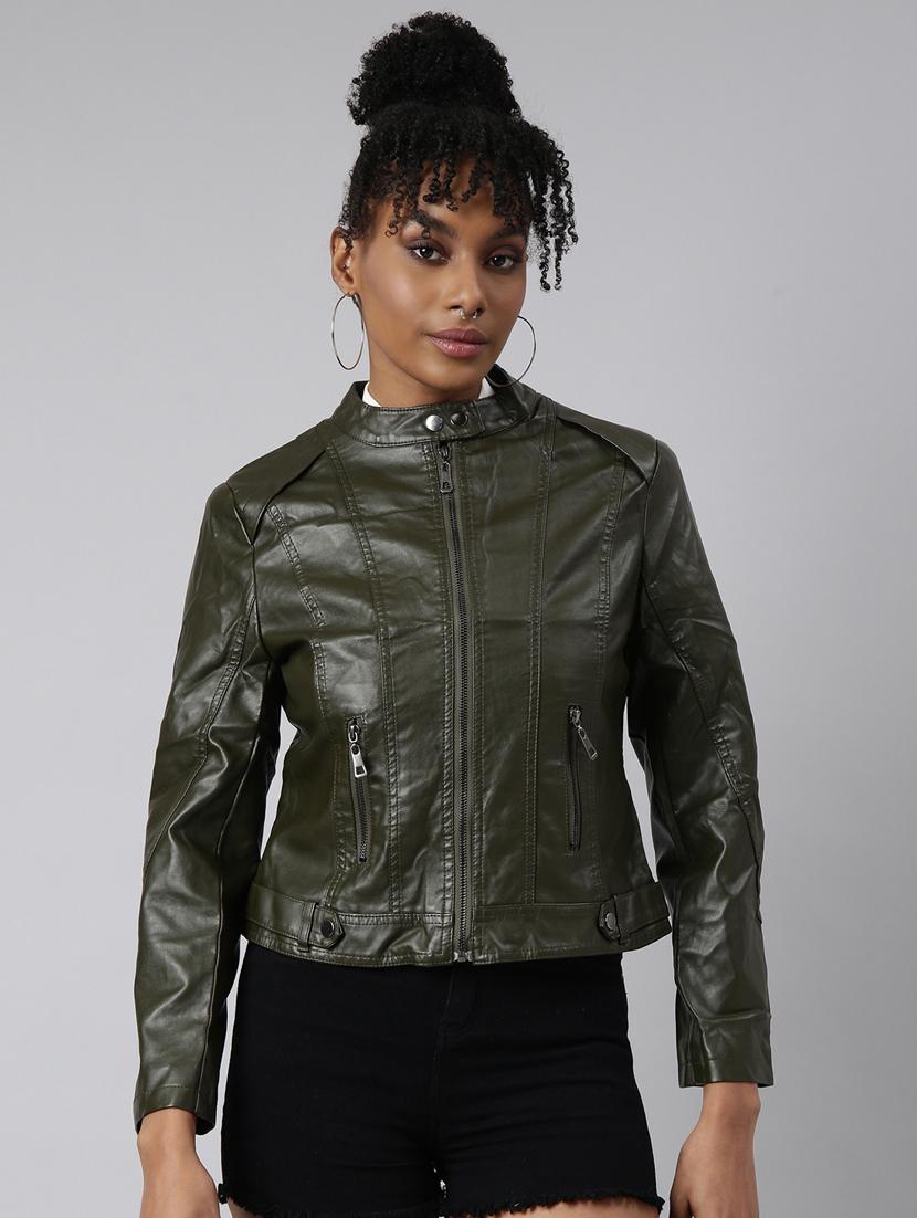 olive leather bomberbiker jacket - 20917162 -  Zoom Image - 0