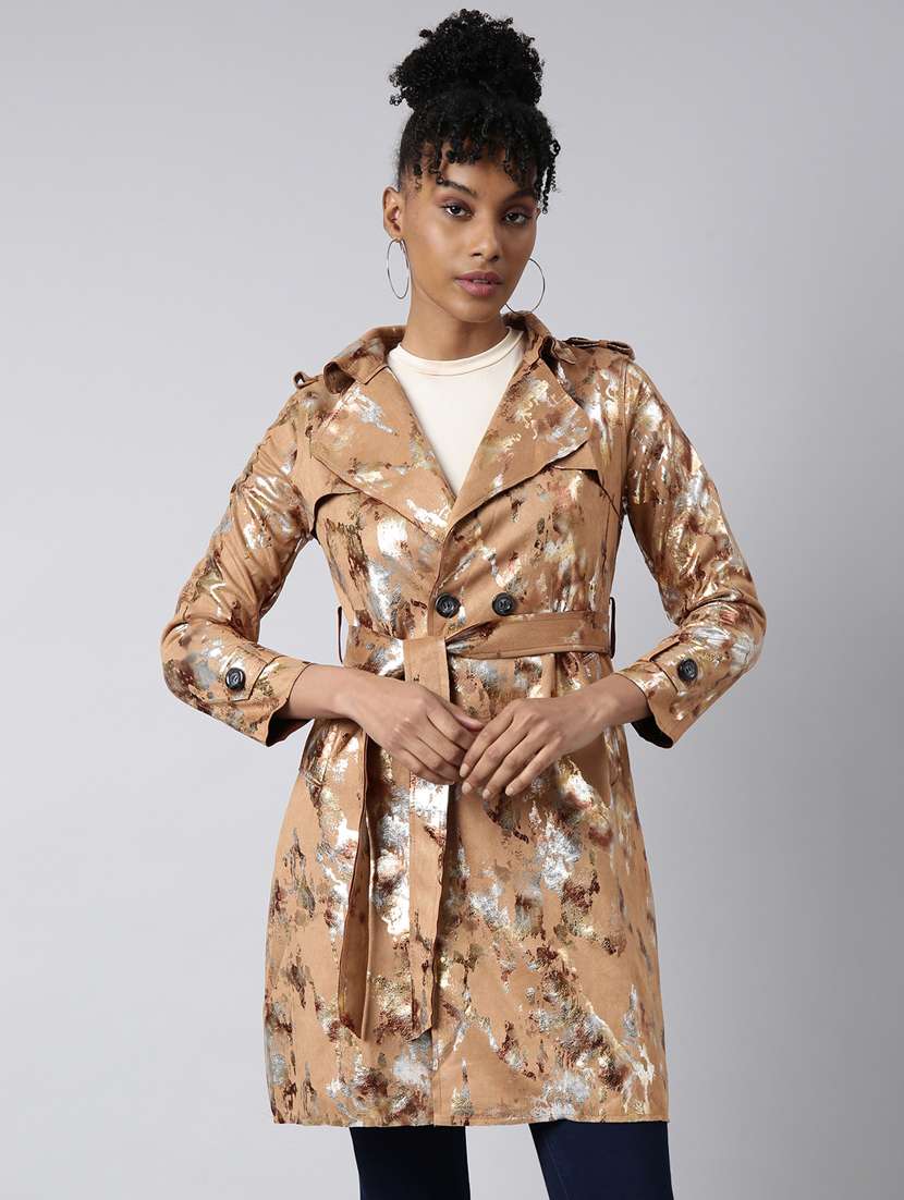 brown leather gold foil print long jacket