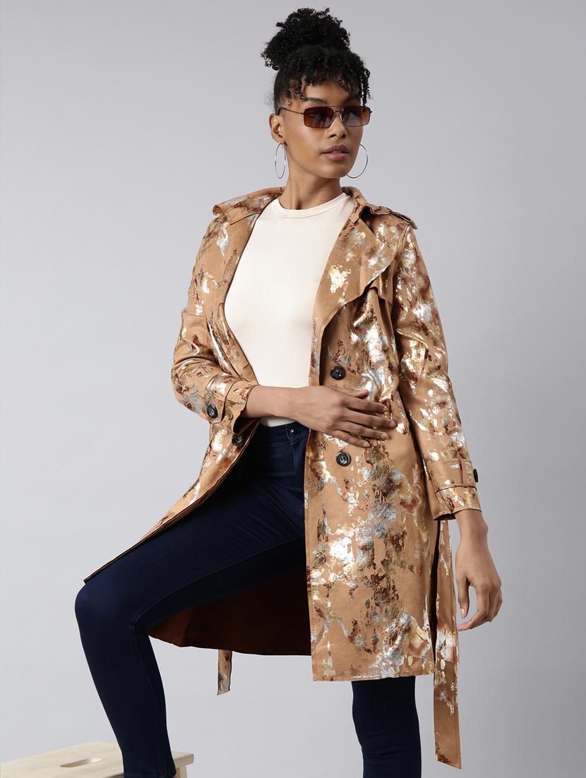 brown leather gold foil print long jacket - 20917167 - Standard Image - 3