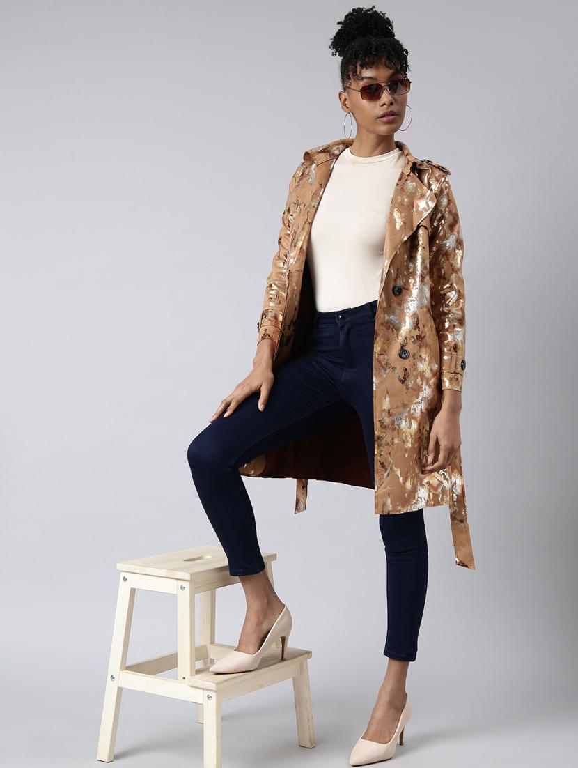 brown leather gold foil print long jacket - 20917167 - Standard Image - 5