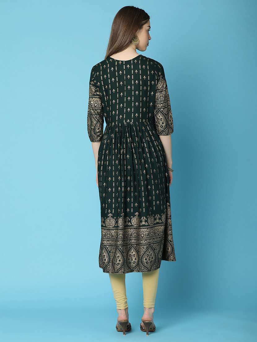 women printed three quarter sleeves flared kurta - 20918376 -  Standard Image - 3