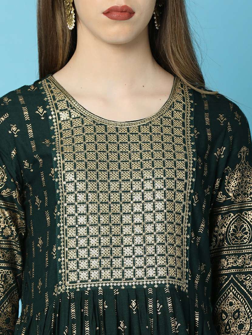 women printed three quarter sleeves flared kurta - 20918376 -  Standard Image - 5