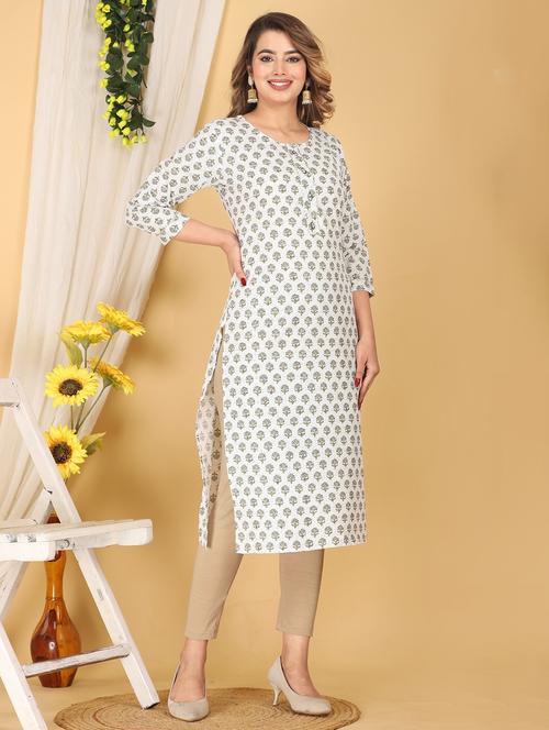 off white floral printcotton straight kurta - 20918877 - Standard Image - 0