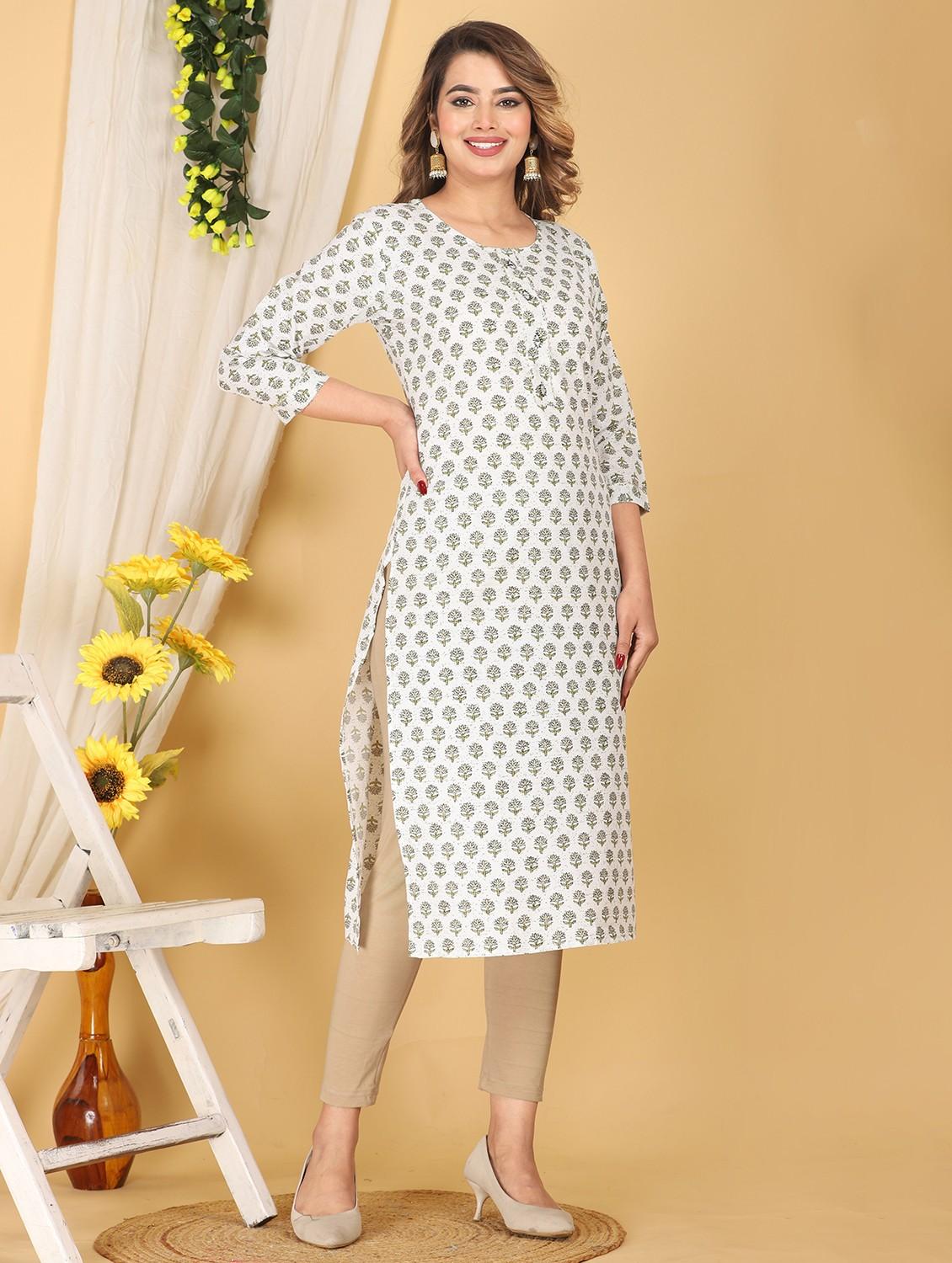 off white floral printcotton straight kurta - 20918877 - Zoom Image - 0
