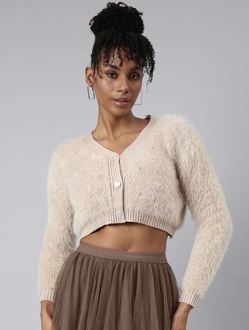 beige acrylic crop cardigan - 20925444 -  Standard Image - 0