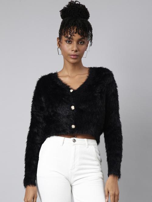 black nylon crop top with cardigan - 20925449 -  Standard Image - 0