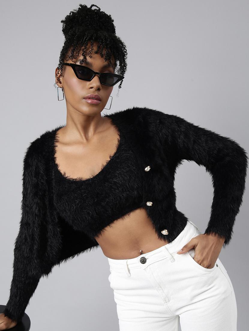 black nylon crop top with cardigan - 20925449 - Standard Image - 3
