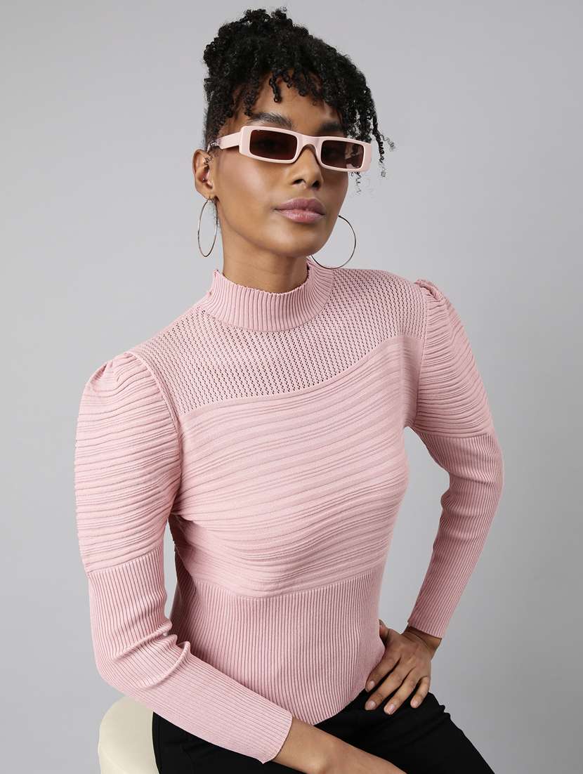 women solid mock neck puff sleeves top - 20928692 -  Standard Image - 3