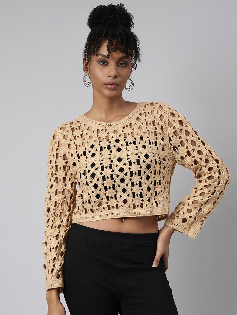 brown self design detailed crop top - 20928906 - Zoom Image - 0
