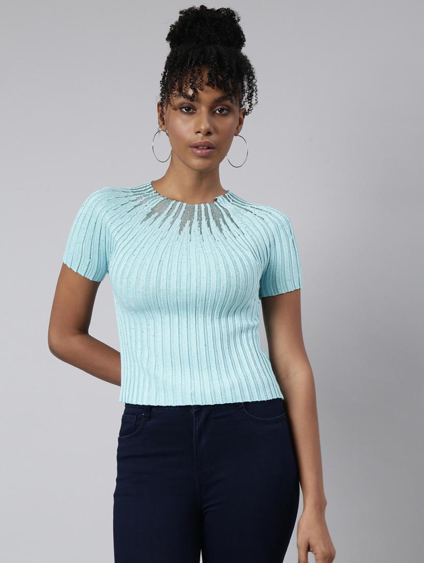 turquoise blue self design detailed top - 20928922 -  Zoom Image - 0
