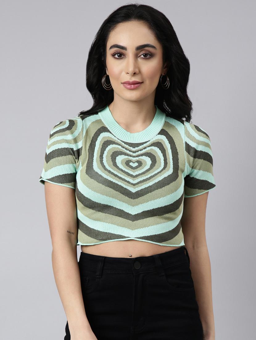 green printed detailed crop top - 20928941 -  Zoom Image - 0