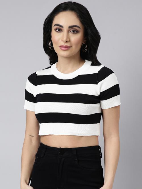 women striped round neck crop top - 20928944 - Standard Image - 0