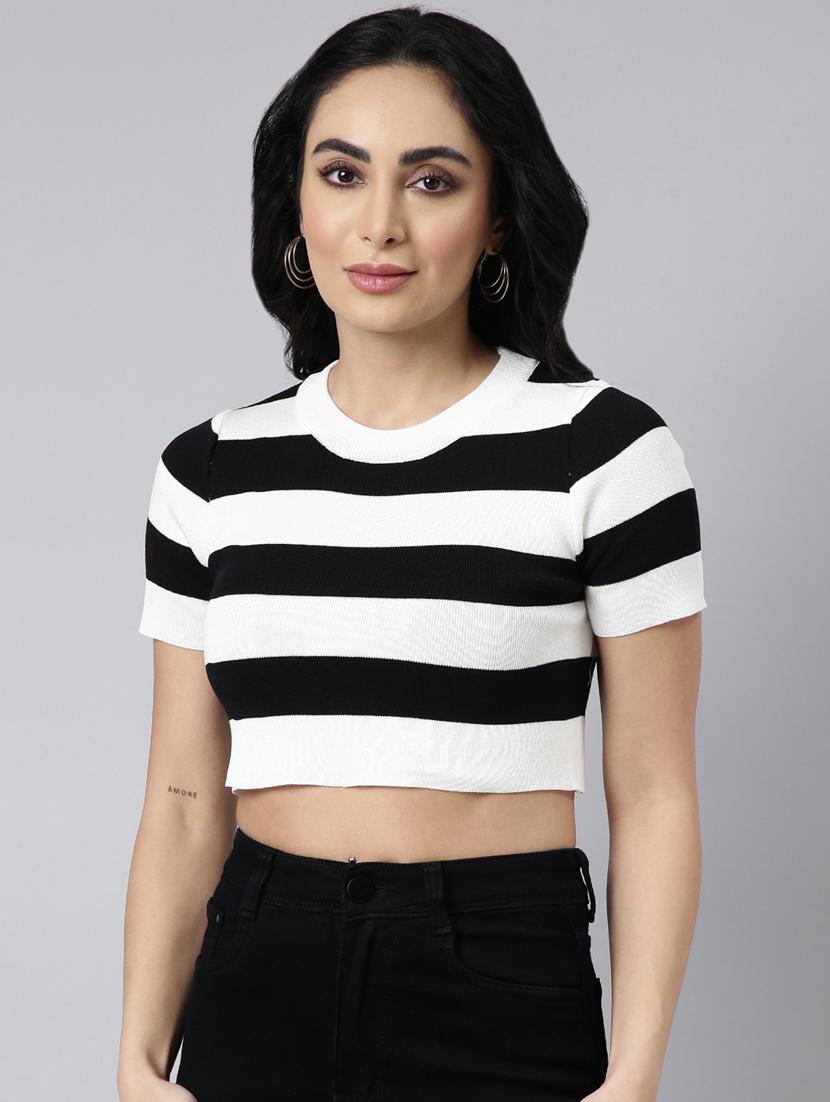women striped round neck crop top - 20928944 - Zoom Image - 0