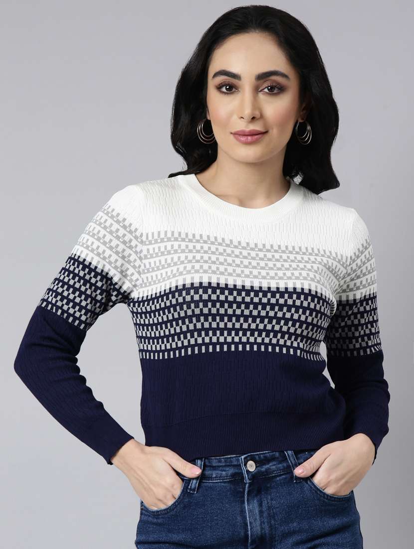 navy blue self design detailed top - 20928946 - Zoom Image - 0