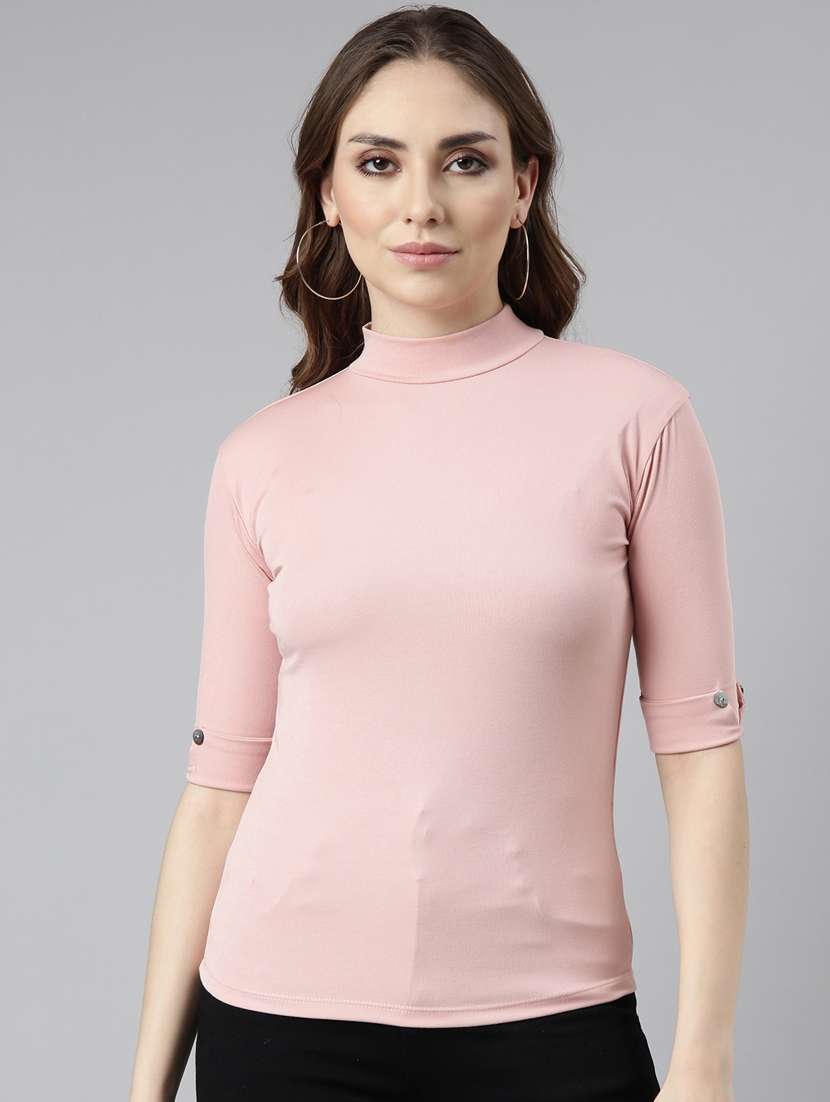 women solid mock neck elbow sleeves top