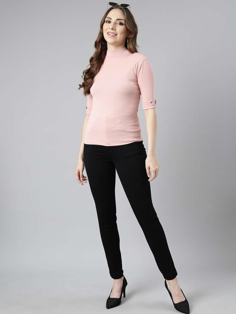 women solid mock neck elbow sleeves top - 20929012 -  Standard Image - 5