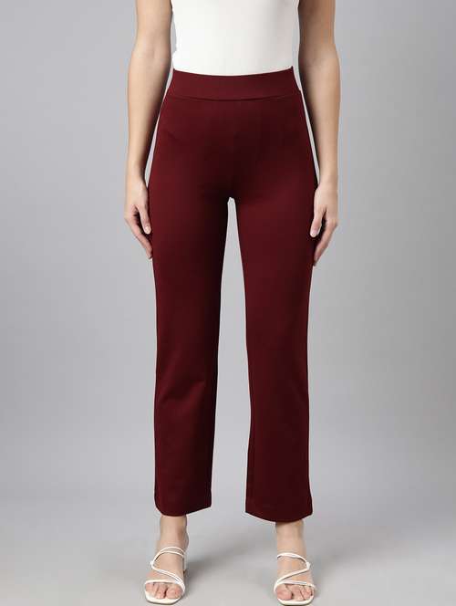 maroon cotton blend flat front trousers - 20929166 - Standard Image - 0