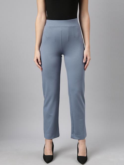 blue cotton blend flat front trousers - 20929168 - Standard Image - 0