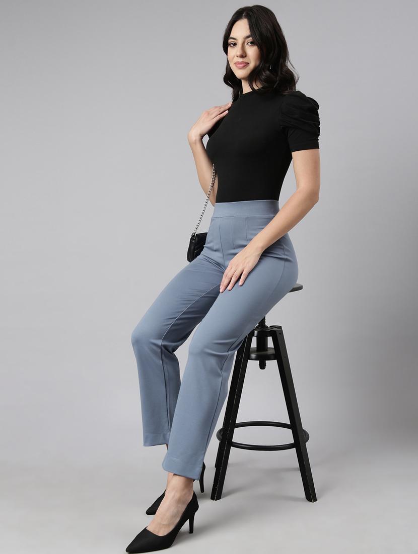 blue cotton blend flat front trousers - 20929168 - Standard Image - 3