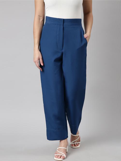 teal cotton blend flat front trousers - 20929169 - Standard Image - 0