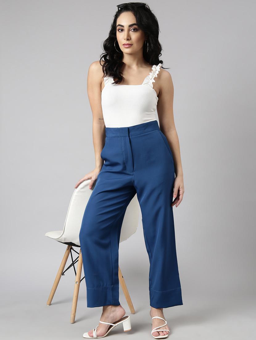 teal cotton blend flat front trousers - 20929169 - Standard Image - 3