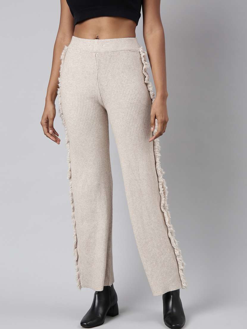 beige acrylic flat front trousers